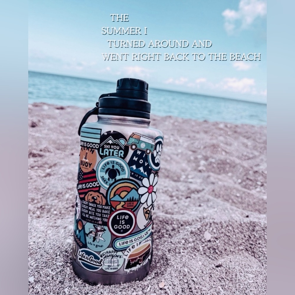 Life is  good Sticker-Covered Silver Water Bottle 50 oz